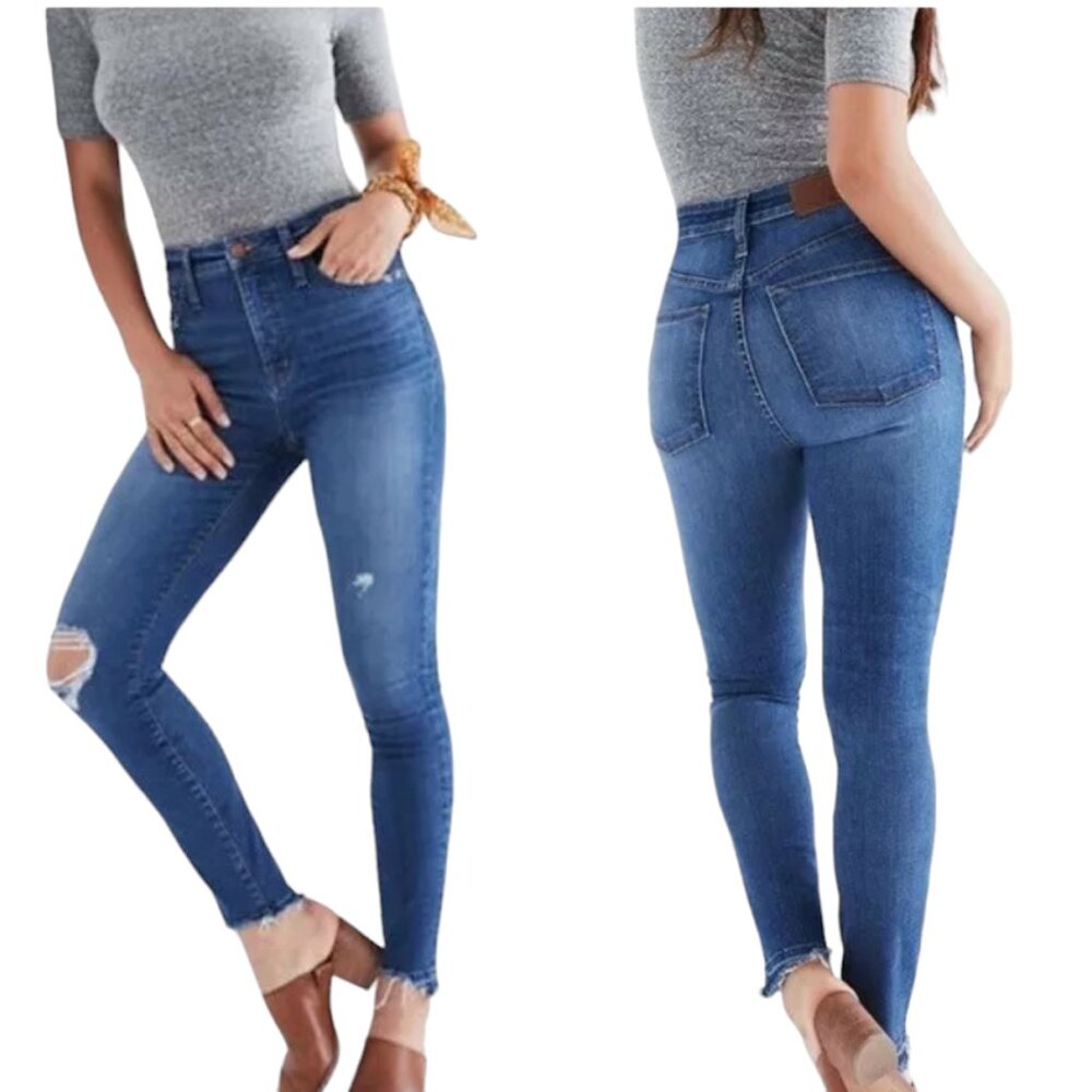 MADEWELL Curvy High Rise Skinny Jeans, Blue Distressed Boho Frayed Hem, 23 (00)